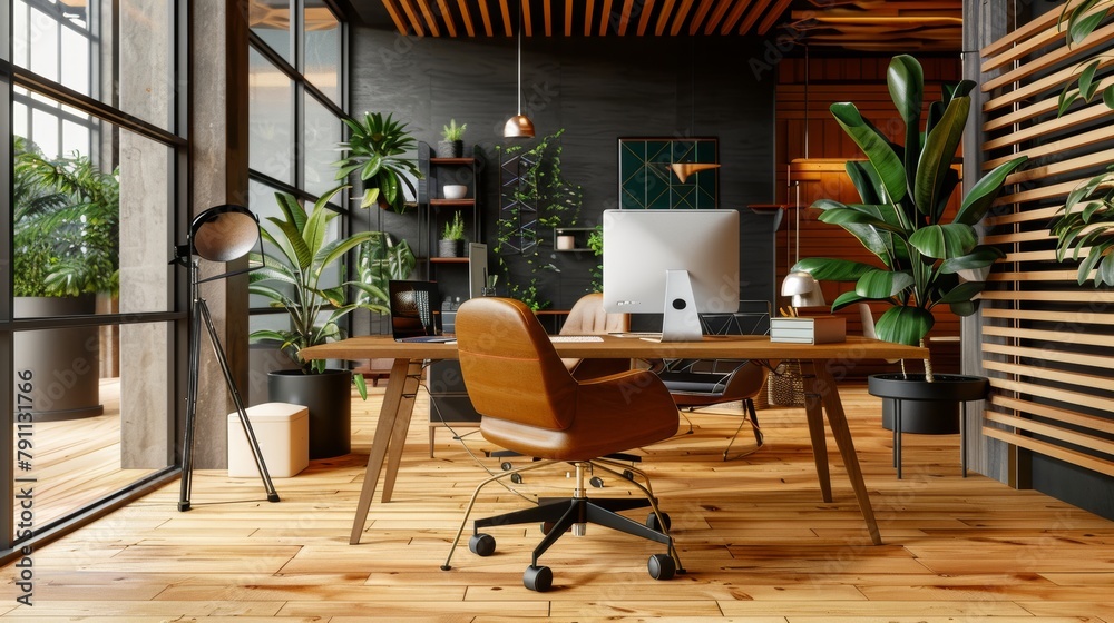 Fototapeta premium An AI-generated artwork of a modern office interior with stylish decor AI generated illustration