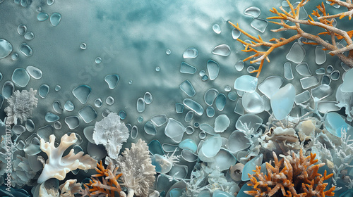 Aqua marine scene with coral diversity and water droplet overlay