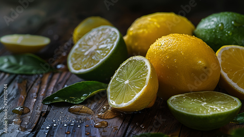 Fresh lemons and limes few drops of water on a textured oak wood with a dark background.