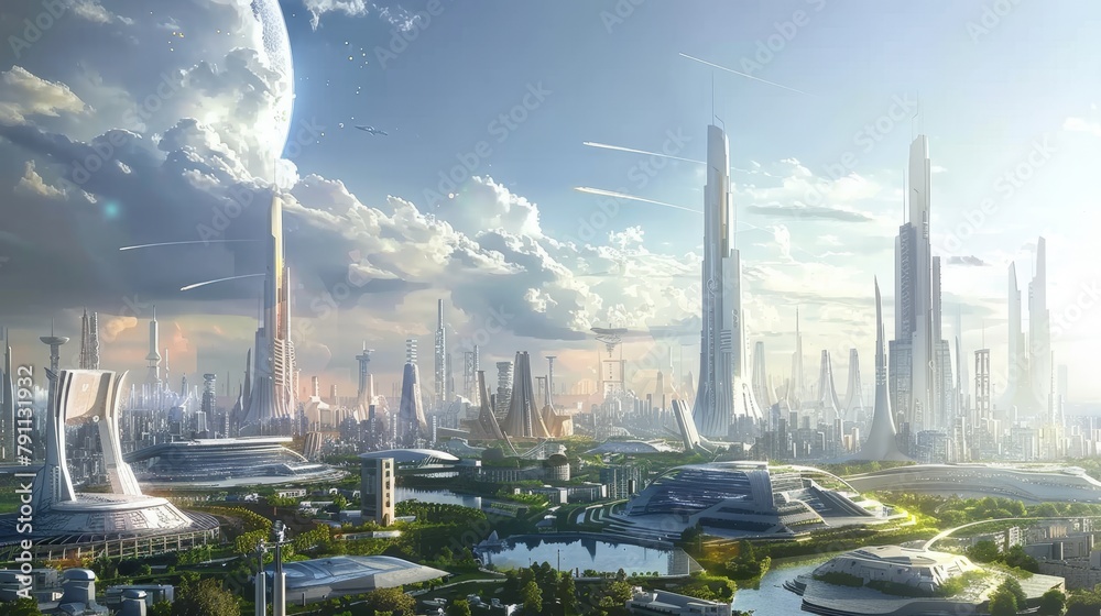 An artistic representation of a utopian city of the future AI generated illustration