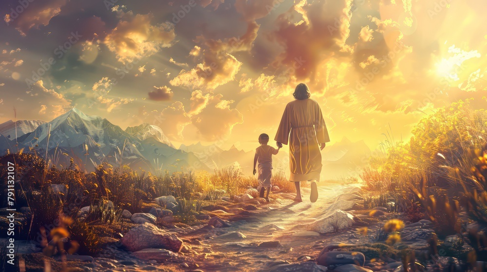Fototapeta premium Jesus walking with a kid. Artistic composite image. Rear view. Conceptual illustration