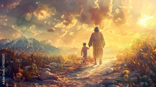 Jesus walking with a kid. Artistic composite image. Rear view. Conceptual  illustration