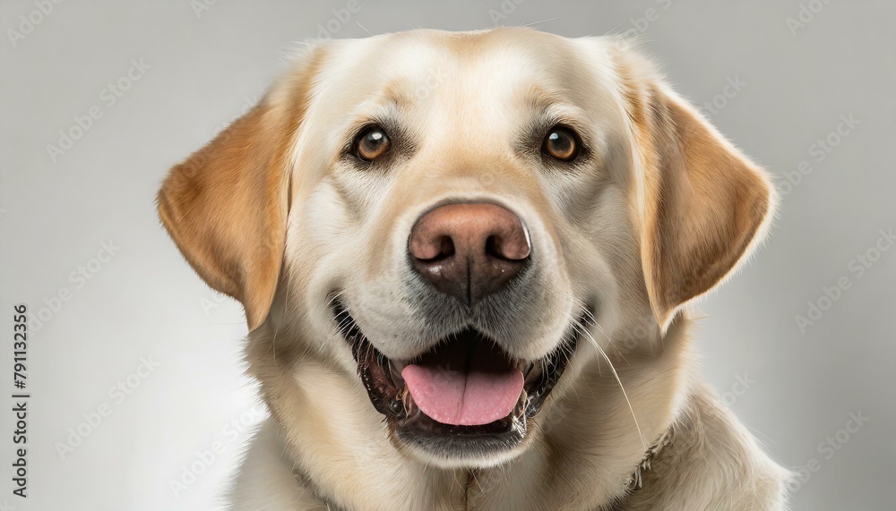 Portrait of a blond labrador retriever dog looking at the camera with a big smile isolated