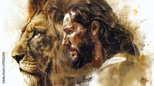 Lion and Jesus, digital painting on a white background photo