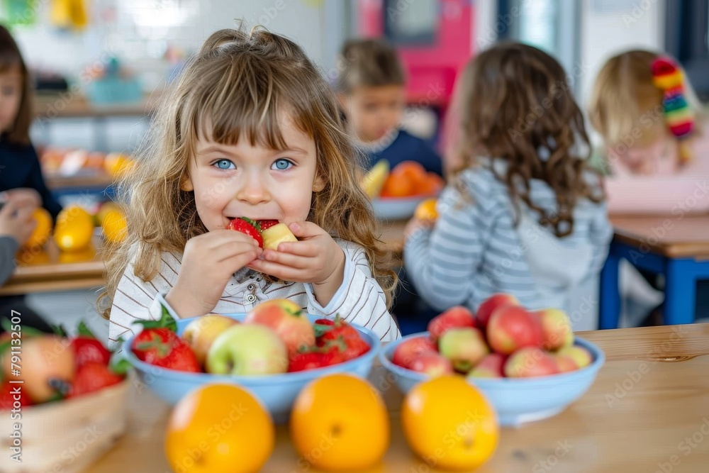 Fototapeta premium A cute young girl with blue eyes and curly hair is happily biting into a juicy strawberry during snack time