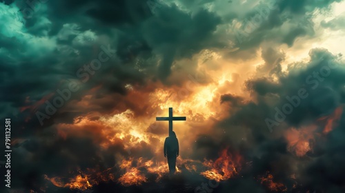 Man in worship in front of the cross in the dramatic cloudy sky with fire