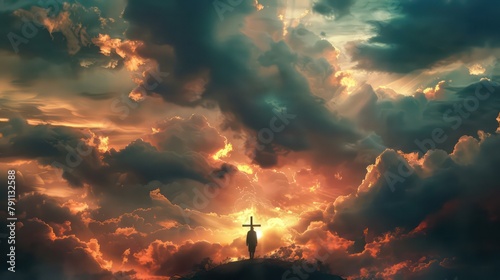 Man in worship in front of the cross in the dramatic cloudy sky with fire