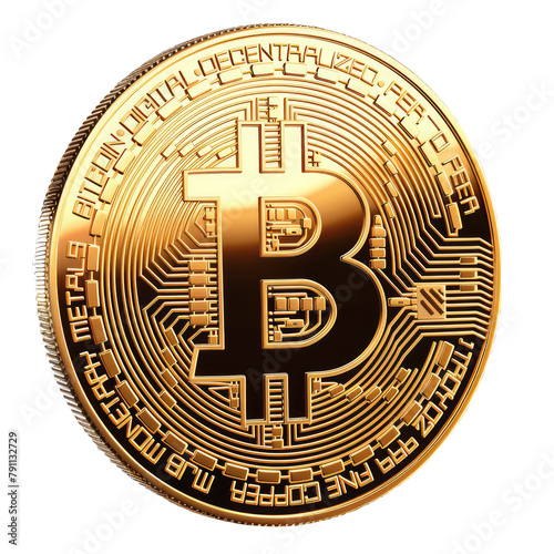 Golden coin with bitcoin stamp, sign isolated on transparent background. Concept of money, finance, currency, crypto, blockchain technology, wealth