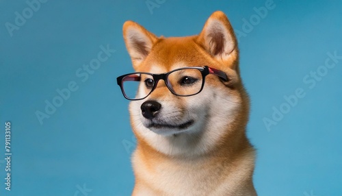 Shiba inu dog in glasses, isolate on trendy blue background.