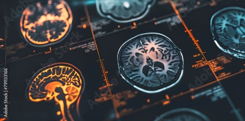 Gehirnscan von einem Radiologen, modernste Medizintechnik, Scan des Gehirns auf einem interaktiven Bildschirm, Konzept Arzt und Medizin