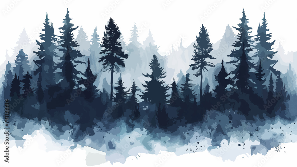 Wald Bäume Winterlich Nebel Wasserfarben Tannen Panorama Landschaft Natur Plakativ - obrazy, fototapety, plakaty 