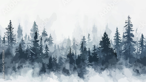 Bäume Winterlich Wasserfarben Tannen Wald Panorama Landschaft Natur Forest Silhouette Vektor photo