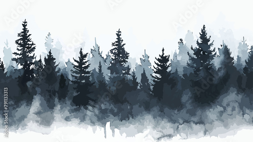 Wald Bäume Winterlich Wasserfarben Tannen Panorama Landschaft Natur Vektor photo