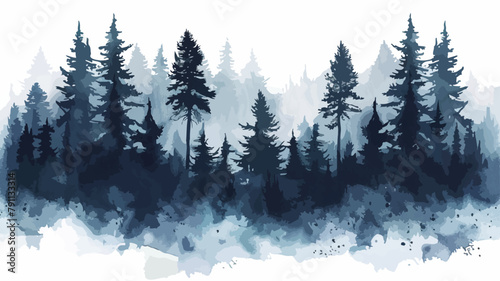 Wald Bäume Winterlich Nebel Wasserfarben Tannen Panorama Landschaft Natur Plakativ © THM