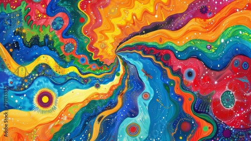 A painting of a colorful abstract design with swirls and waves, AI