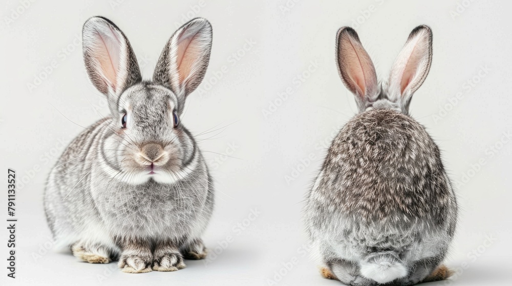 Portrait of an adorable gray rabbit seen from the front and back Portrait of an adorable gray rabbit seen from the front and back
