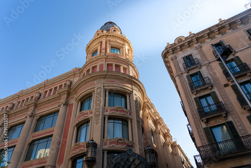 Balconies and windows typical of the architecture of buildings in the city of Barcelona. Spain.