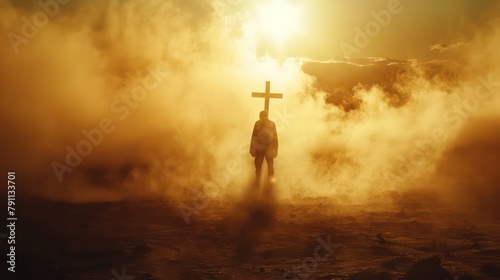 Silhouette of a man in the desert with a cross in the smoke and dust under the sun. Silhouette of a man in the desert with a cross in the smoke and dust under the sun