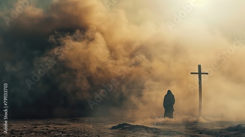 Silhouette of a man in the desert with a cross in the smoke and dust under the sun. Silhouette of a man in the desert with a cross in the smoke and dust under the sun