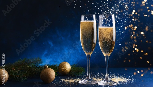 Two glasses of champagne clinking, with sparkling bubbles in the glass on dark blue backgrou.