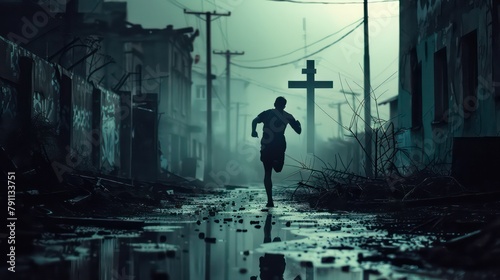 Silhouette of a man running towards a cross, in the streets of an abandoned city with puddles on a rainy day photo