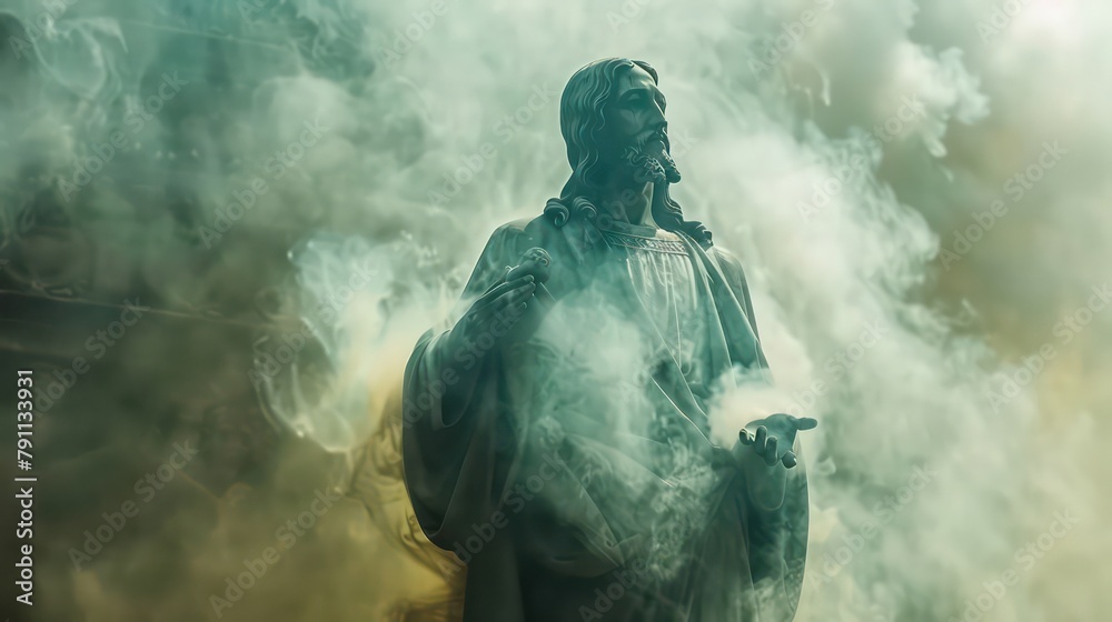 Statue of Jesus Christ in smoke,