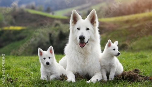 White swiss shepherd dog with its puppies 