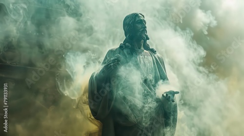 Statue of Jesus Christ in smoke,