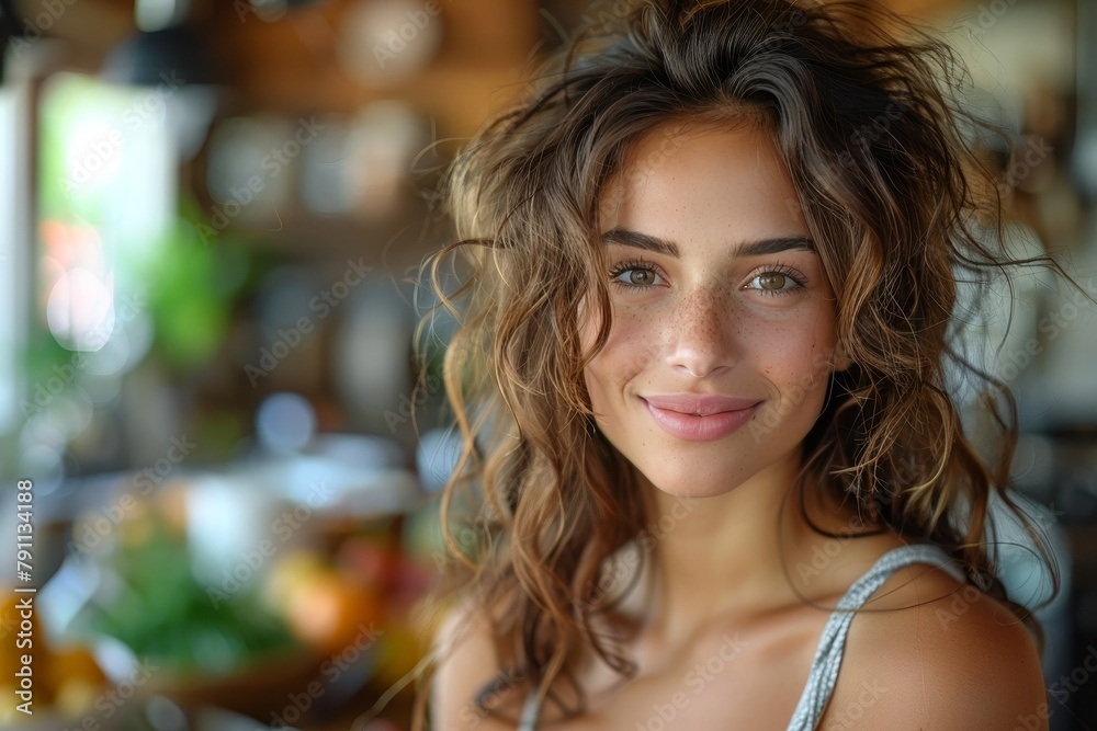 A close-up portrait of an attractive woman with curly hair and a pleasant smile in a warm, indoor setting A close-up portrait of an attractive woman with curly hair and a pleasant smile in a warm, indoor setting