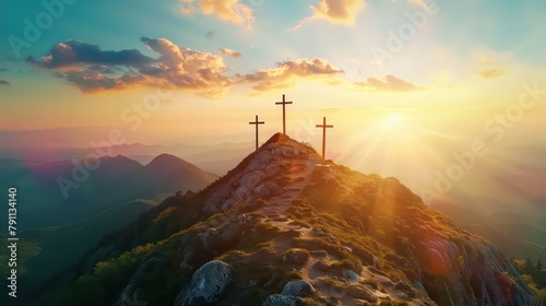 Three crosses on top of the mountain in the sunlight. Christian symbols photo
