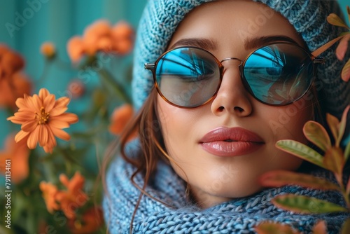 Fashionably dressed woman posing with flowers, her sunglasses reflecting blooms, evokes chic elegance