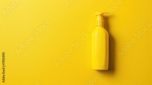 Yellow pump bottle on yellow background, hygiene concept with monochromatic scheme