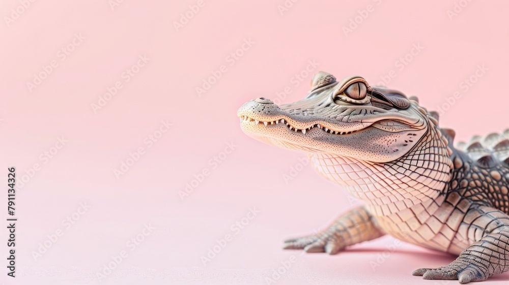 Fototapeta premium Baby alligator on soft pink background