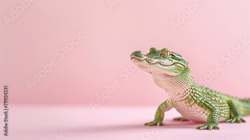 Green alligator on pink background standing with mouth closed