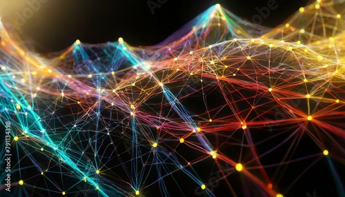 3D render of glowing network connections and neural networks on a black background,3d render