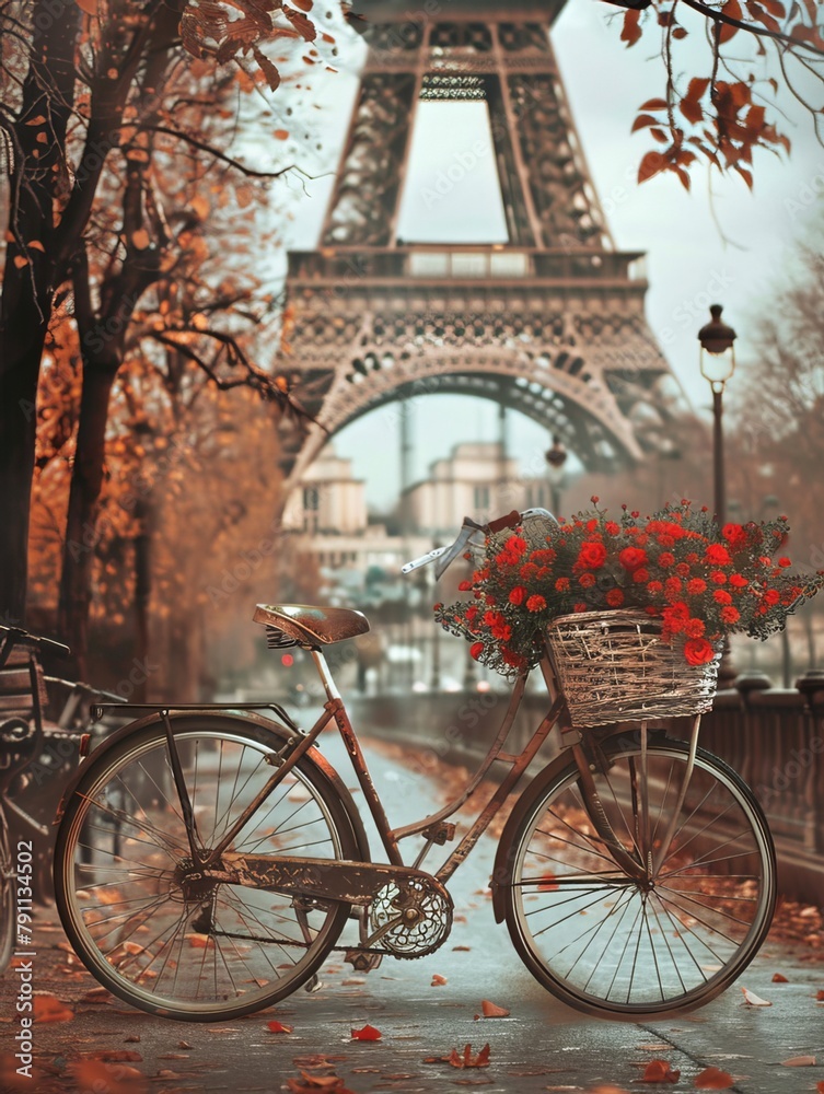 old vintage bike with flowers in the front basket, Eiffel Tower visible in the background.