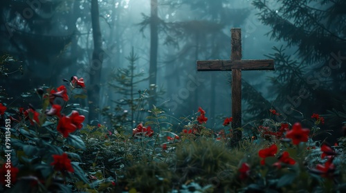 Wooden cross in the middle of the forest with red flower