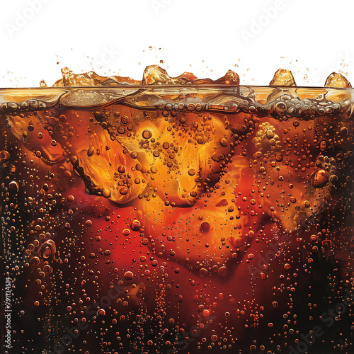 Cola with ice in glass. .Close up of ice cubes in cola water. Texture of carbonate drink with bubbles in glass. Cola soda and ice splashing. Cold drink background.