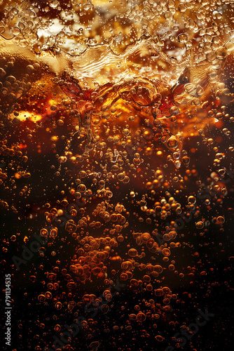 Close up of cola water with bubbles. Cola with ice. Texture of carbonate drink with bubbles in glass. Cola soda and ice splashing. Cold drink background.