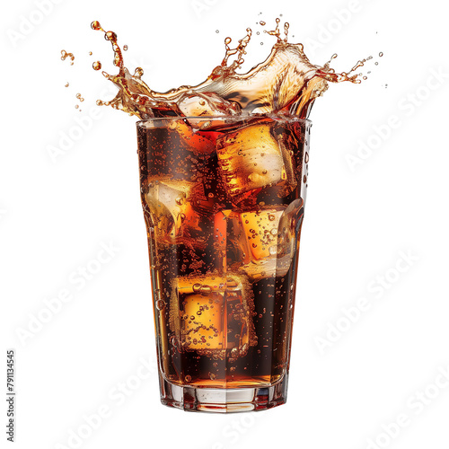 Splash of coke. Cola soda with ice in glass with splash isolated on transparent background, png style. Mockup template for artwork design. photo