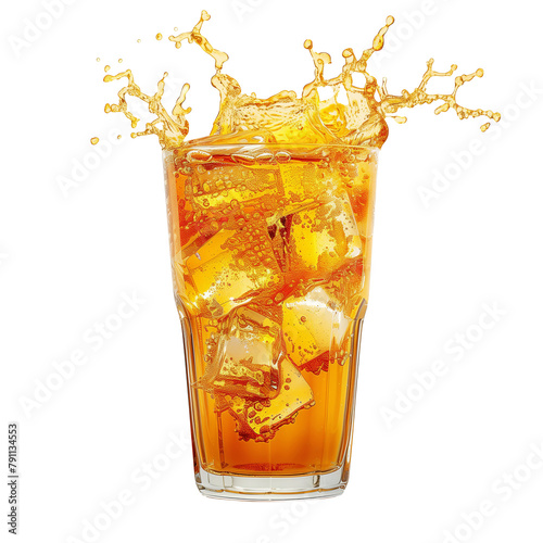 Splash of orange soda. Orange soft drink with ice in glass with splash isolated on transparent background, png style. Mockup template for artwork design.