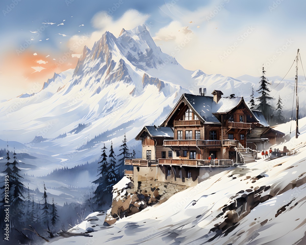 Winter mountain landscape panorama with wooden houses and snow-capped peaks