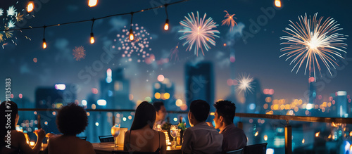 A lively rooftop party in the city, where guests enjoy a panoramic view of fireworks bursting above the urban skyline. , natural light, soft shadows, with copy space, blurred backg photo
