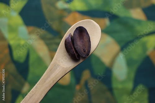 Brazilian seed Puxuri (Licaria puchury-major) above a wooden spoon in a colorful background with green tones 
