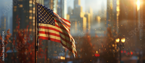 The American flag displayed in an urban setting, contrasting against a city skyline and showing its relevance in modern America. , natural light, soft shadows, with copy space, blu