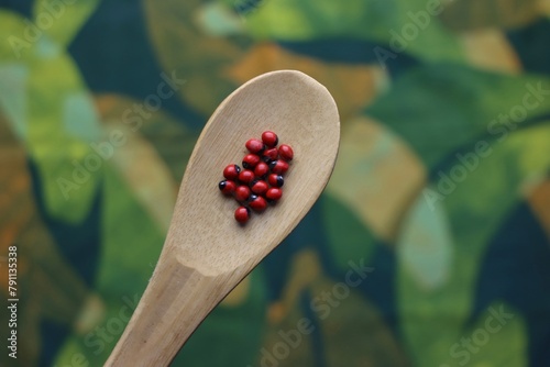 Huayruro (Ormosia coccinea) seed above a wooden spoon with a colorful background with green pallet