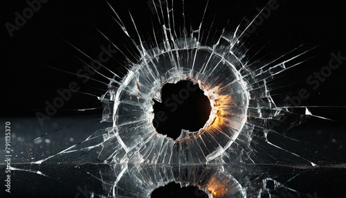 bullet hole in glass with cracks on black background