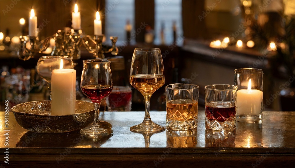 Crystal glasses with amber whiskey, ruby wine, and pale champagne rest on a dimly lit bar