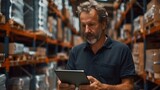 Middle-aged man utilizes tablet for accounting and inventory management in warehouse. Concept Warehouse Management, Inventory Control, Tablet Usage, Accounting System, Middle-aged Man