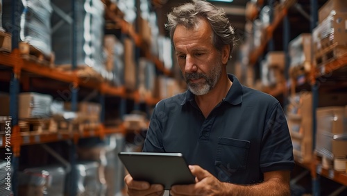 Middle-aged man utilizes tablet for accounting and inventory management in warehouse. Concept Warehouse Management, Inventory Control, Tablet Usage, Accounting System, Middle-aged Man photo